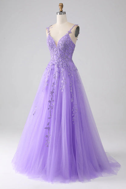 Amzcw A-Line Spaghetti Straps Long Lilac Prom Dress with Appliques prom dresses with long sleeves