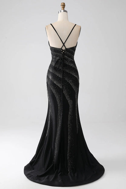 Amzcw Sparkly Black Mermaid Spaghetti Straps Beaded Prom Dress with Slit prom dresses stores