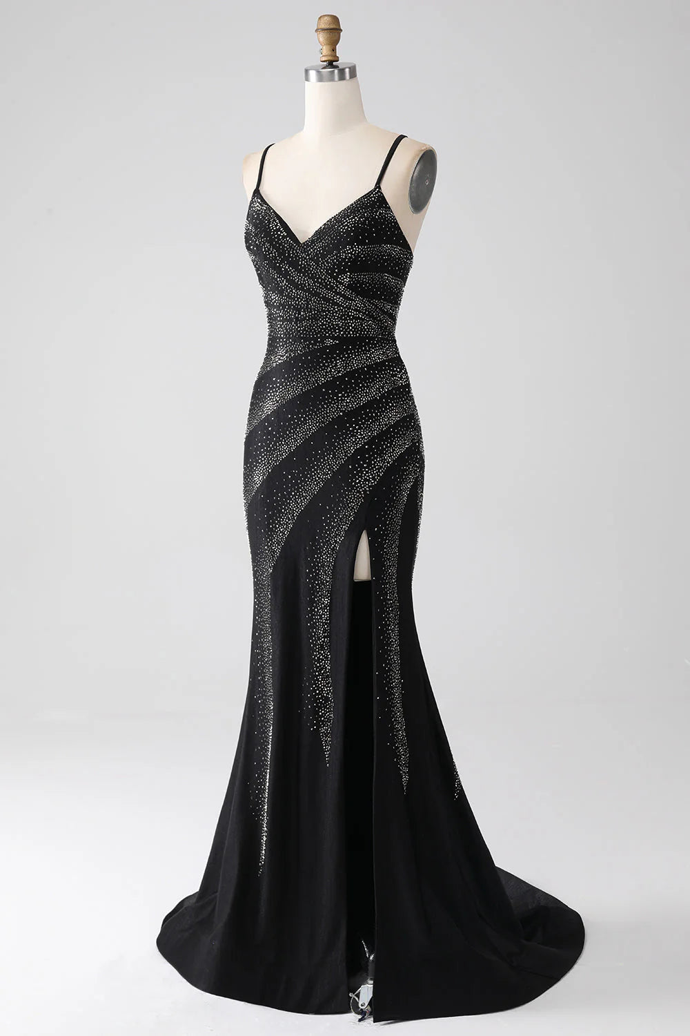 Amzcw Sparkly Black Mermaid Spaghetti Straps Beaded Prom Dress with Slit prom dresses stores