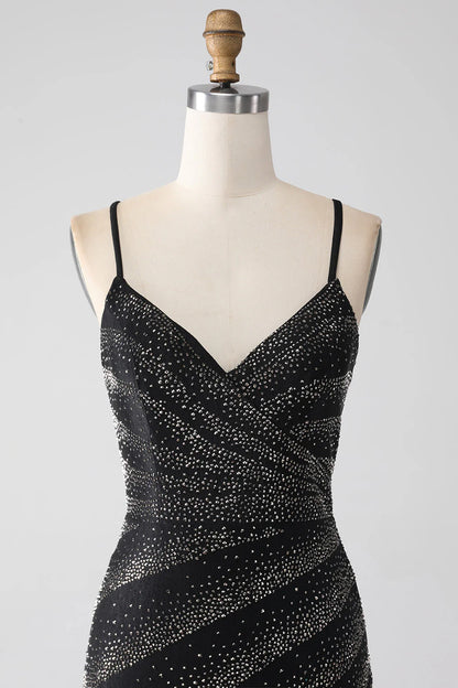 Amzcw Sparkly Black Mermaid Spaghetti Straps Beaded Prom Dress with Slit prom dresses stores