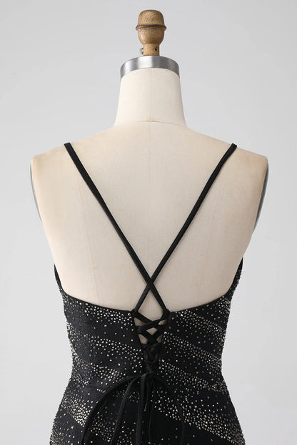 Amzcw Sparkly Black Mermaid Spaghetti Straps Beaded Prom Dress with Slit prom dresses stores