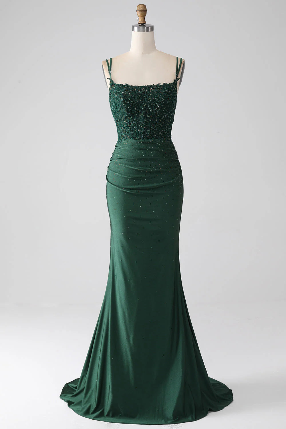 Amzcw Dark Green Mermaid Spaghetti Straps Long Corset Prom Dress With Beading long sleeve long dresses prom
