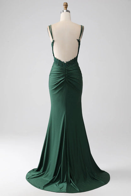 Amzcw Dark Green Mermaid Spaghetti Straps Long Corset Prom Dress With Beading long sleeve long dresses prom