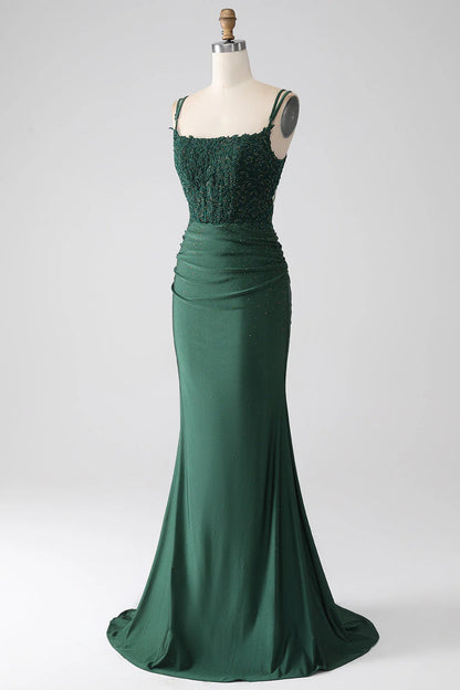 Amzcw Dark Green Mermaid Spaghetti Straps Long Corset Prom Dress With Beading long sleeve long dresses prom