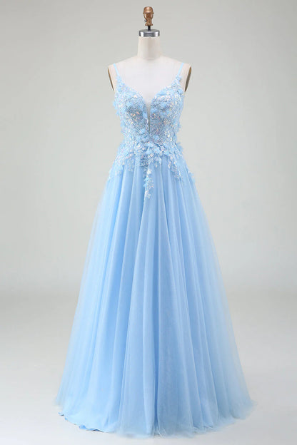 Amzcw Light Blue A-Line Spaghetti Straps Long Prom Dress with Appliques prom dresses shops