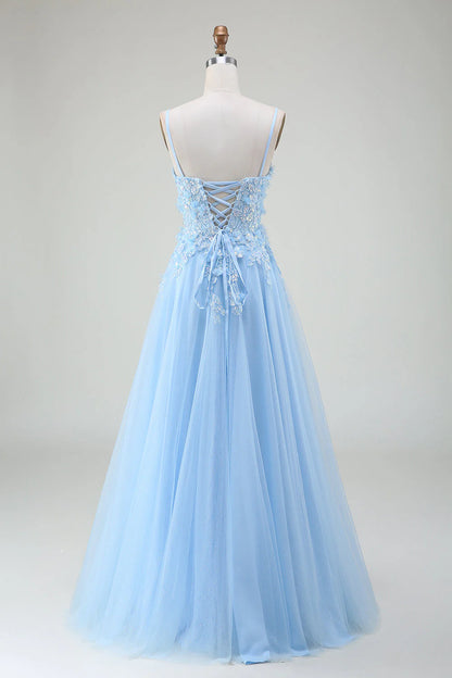Amzcw Light Blue A-Line Spaghetti Straps Long Prom Dress with Appliques prom dresses shops