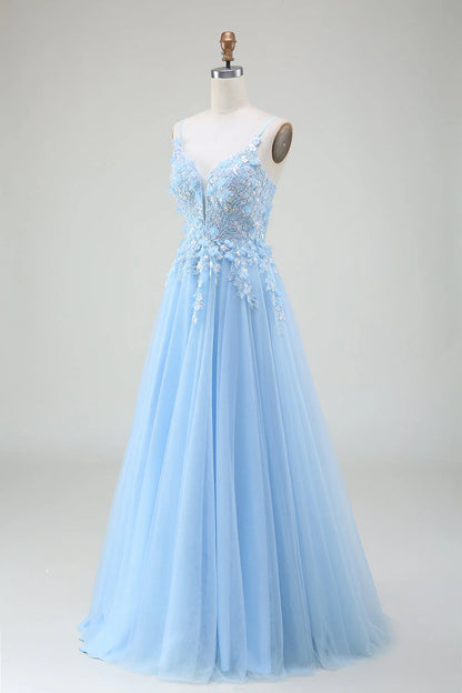 Amzcw Light Blue A-Line Spaghetti Straps Long Prom Dress with Appliques prom dresses shops