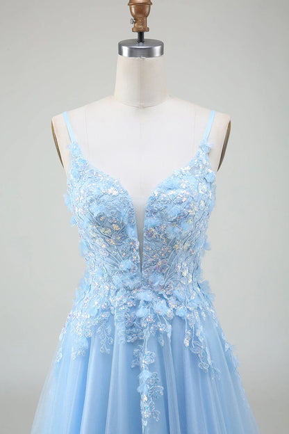 Amzcw Light Blue A-Line Spaghetti Straps Long Prom Dress with Appliques prom dresses shops