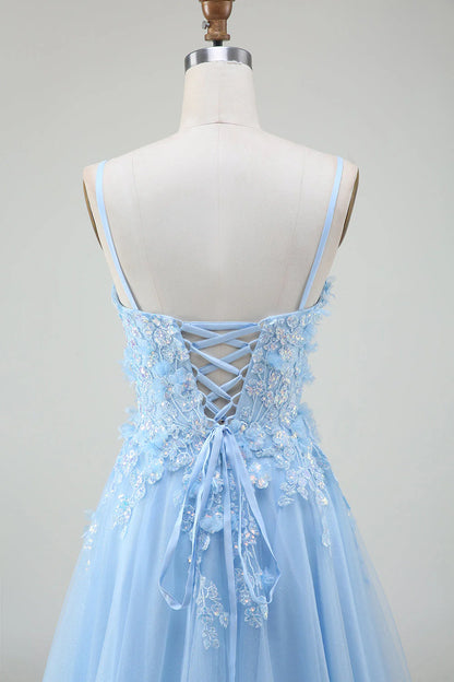 Amzcw Light Blue A-Line Spaghetti Straps Long Prom Dress with Appliques prom dresses shops