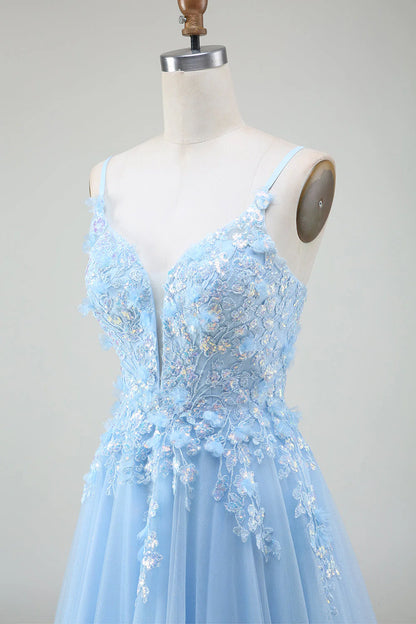 Amzcw Light Blue A-Line Spaghetti Straps Long Prom Dress with Appliques prom dresses shops
