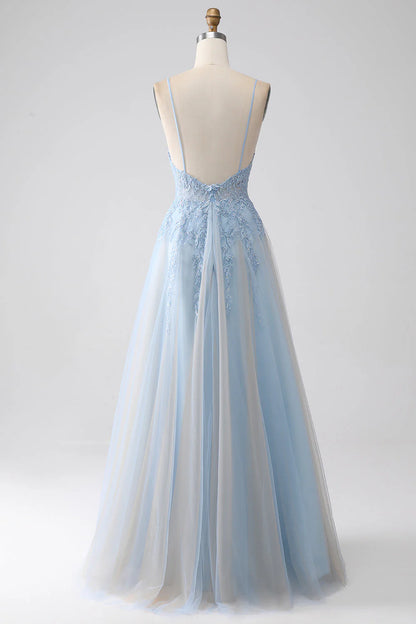 Amzcw Grey Blue A-Line Spaghetti Straps Long Prom Dress with Beading prom dresses shops