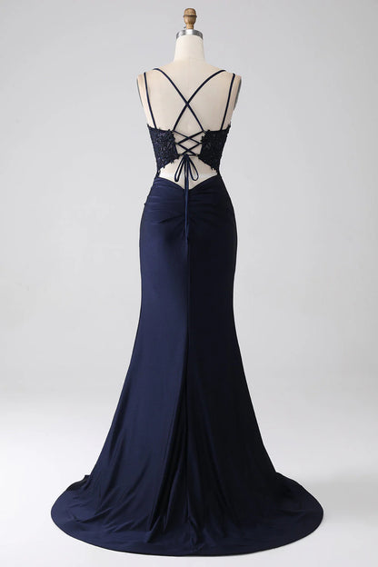 Amzcw Mermaid Beaded Navy Prom Dress with Ruffles