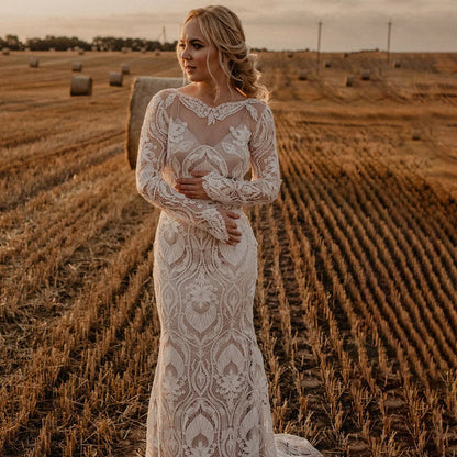 Lace Appliques Mermaid Long Sleeves Chapel Train Wedding Dress