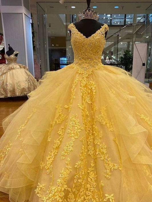 Lace-Embroidered Bow-Accent Deep-V Ballgown Floor-Length Prom Dress