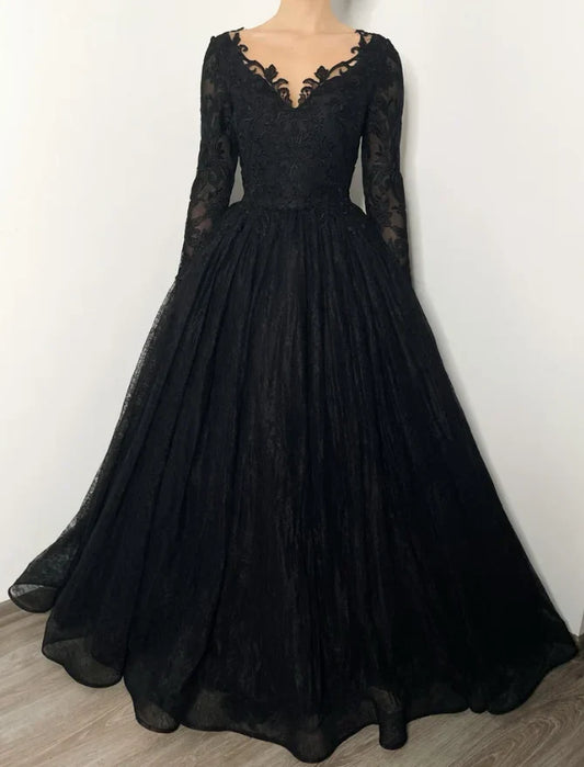 Lace-Embroidered Deep-V Long-Sleeve V-Back Ballgown Floor-Length Prom Dress