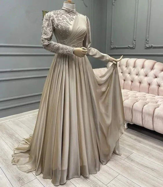 Lace-Embroidered High-Neck Long-Sleeve A-Line Floor-Length Prom Dress