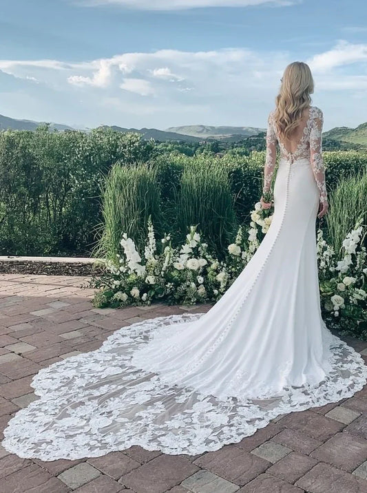 Lace-Embroidered Long-Sleeve Open-Back Mermaid Train Prom Dress