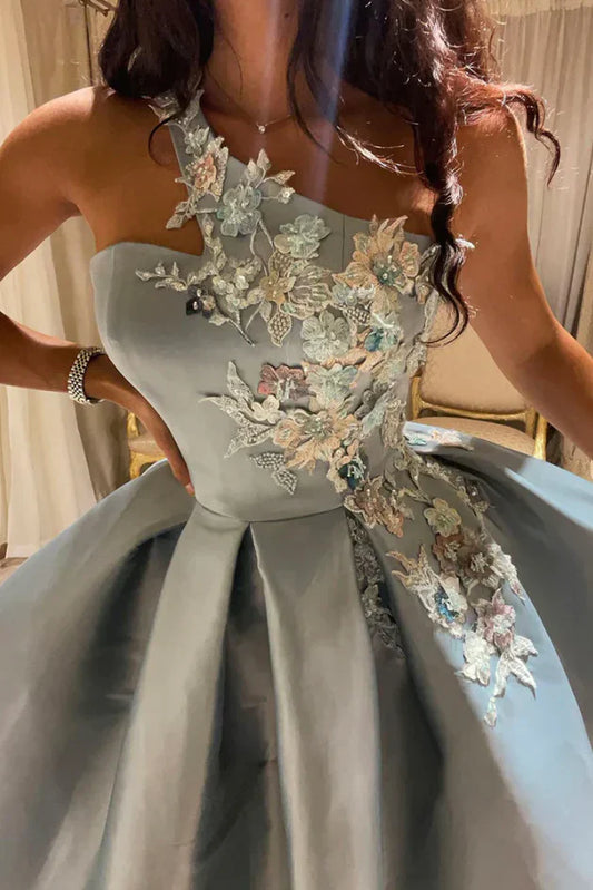 Lace-Embroidered One-Shoulder A-Line Mid-Length Prom Dress