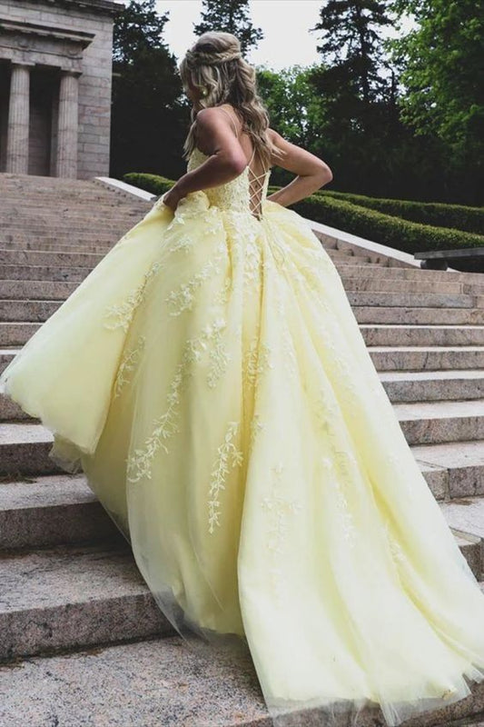 Lace-Embroidered Spaghetti-Strap Crisscross-Back Ballgown Prom Dress