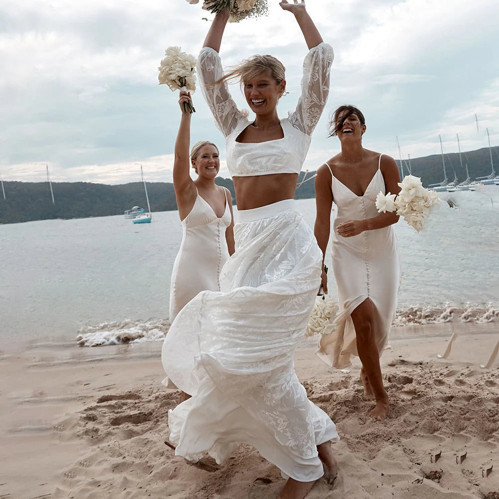 Lace Two Pieces Square Neck 3/4 Puffy Sleeve Beach Bohemian Wedding Dresses