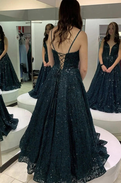 Vestidos de fiesta largos de tul con encaje y lentejuelas en forma de A 