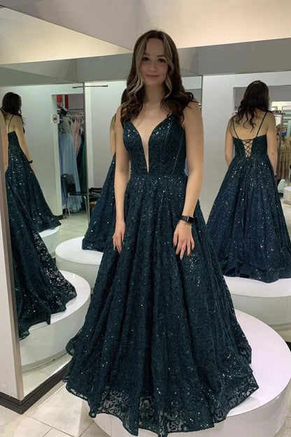 Vestidos de fiesta largos de tul con encaje y lentejuelas en forma de A 