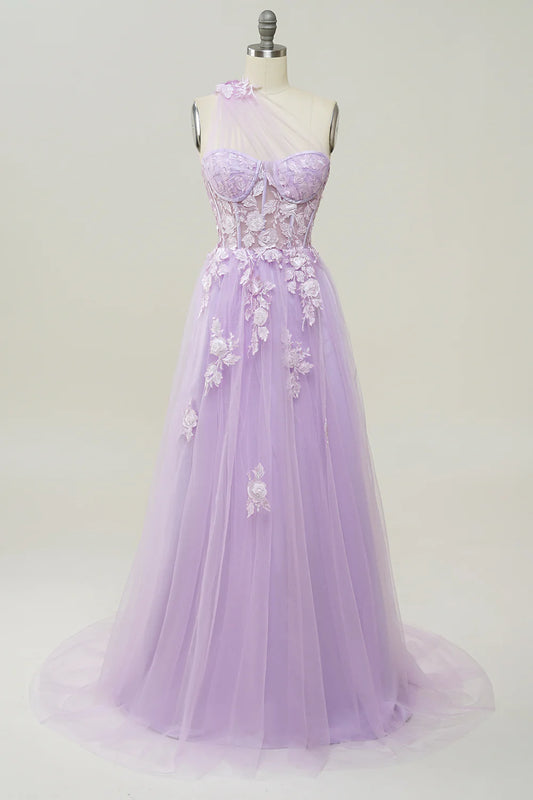 Lavender 3D Floral Lace One Shoulder Tulle A-Line Prom Dress For Events