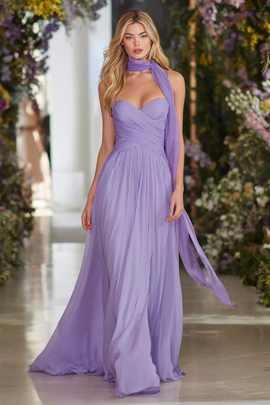 Lavender Chiffon Maxi Prom Dresses with Thin Straps Sweetheart Neck Ruched Waist Convertible Scarf Detail Flowy A Line Skirt for Prom and Bridesmaid