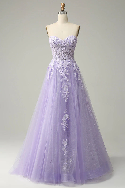 Lavender Floral Lace Applique Strapless Sweetheart A-Line Prom Dress with Corset Back