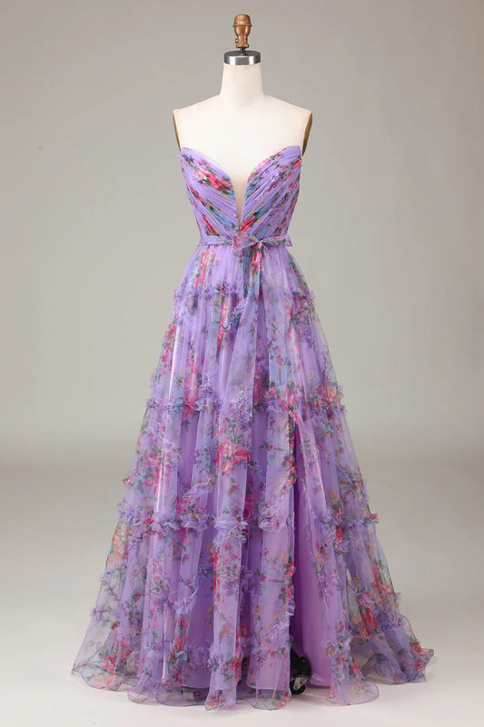 Lavender Floral Print Strapless Sweetheart Tiered Ruffle Tulle A-Line Prom Dress with Belt