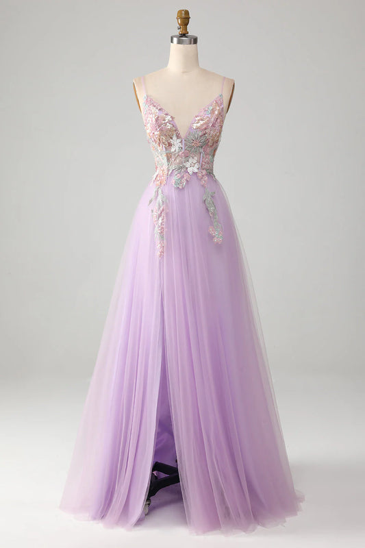 Lavender Floral Sequin Embroidered Spaghetti Strap A-Line Prom Dress with Slit