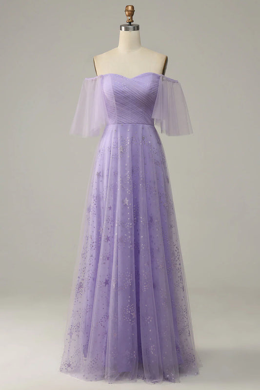 Lavender Off-the-Shoulder Star Glitter Tulle A-Line Maxi Prom Dress with Lace-Up Back