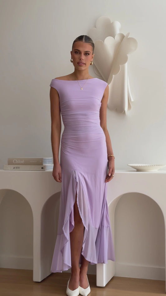 Lavender Off The Shoulder Midi Prom Dress with High Slit for Formal Events and Prom Nights