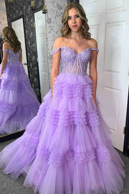 Vestido de fiesta largo con volantes, hombros descubiertos y tul en línea A 