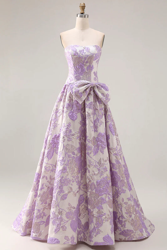 Lavender Purple Floral Jacquard Strapless Ball Gown Maxi Prom Dress with Oversized Bow and Train