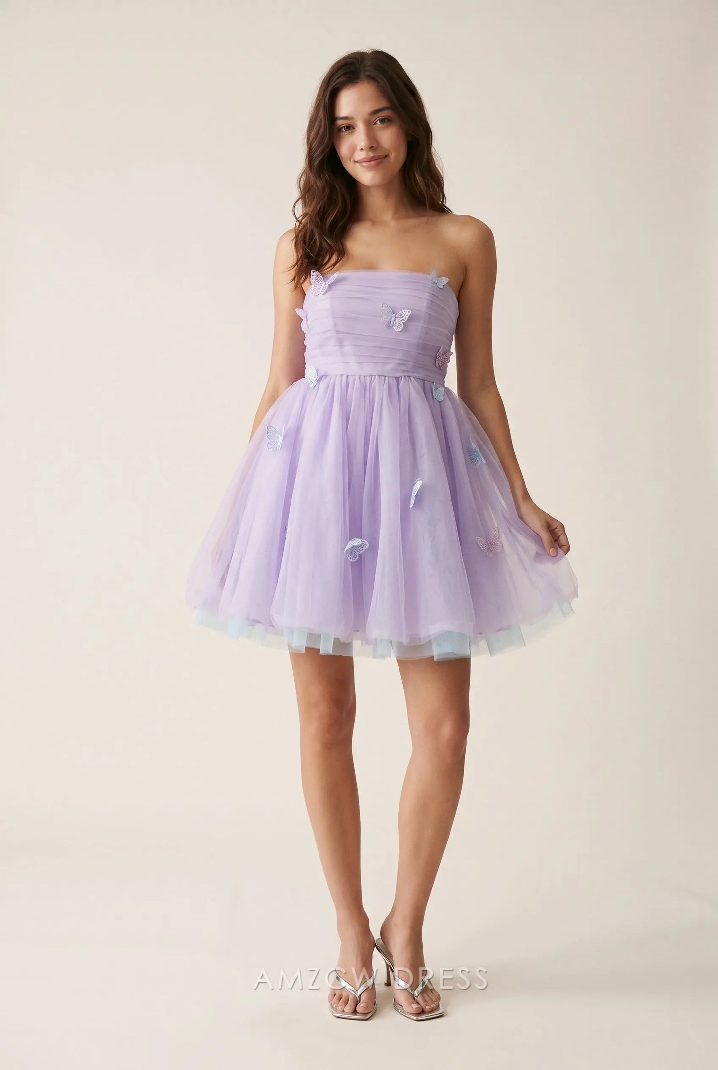 Lavender Purple Strapless Bandeau Neck Ruched Bustier 3D Butterfly Applique Open Back Waist Cinched Multi Layered Tulle A Line Mini Homecoming Dress