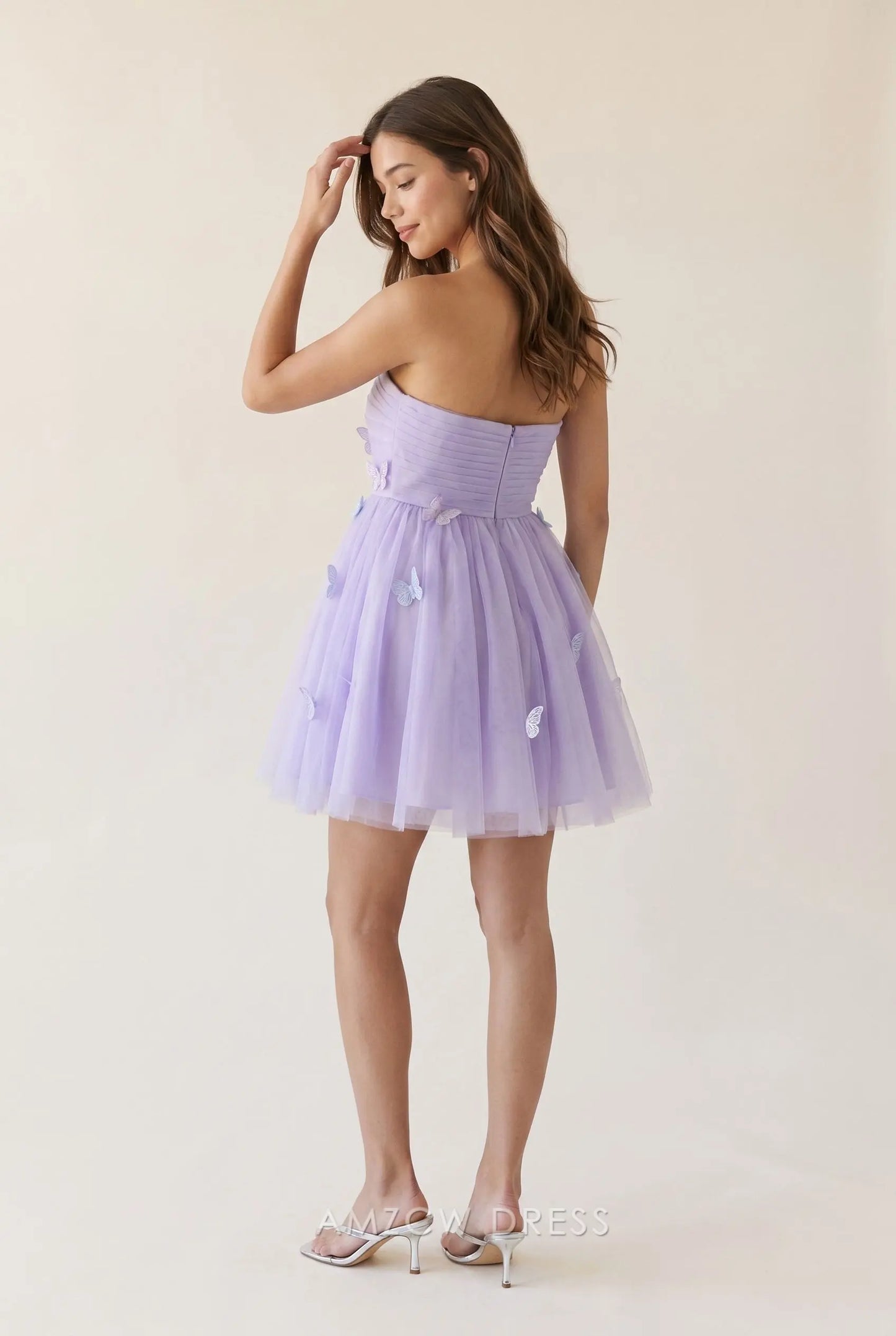 Lavender Purple Strapless Bandeau Neck Ruched Bustier 3D Butterfly Applique Open Back Waist Cinched Multi Layered Tulle A Line Mini Homecoming Dress