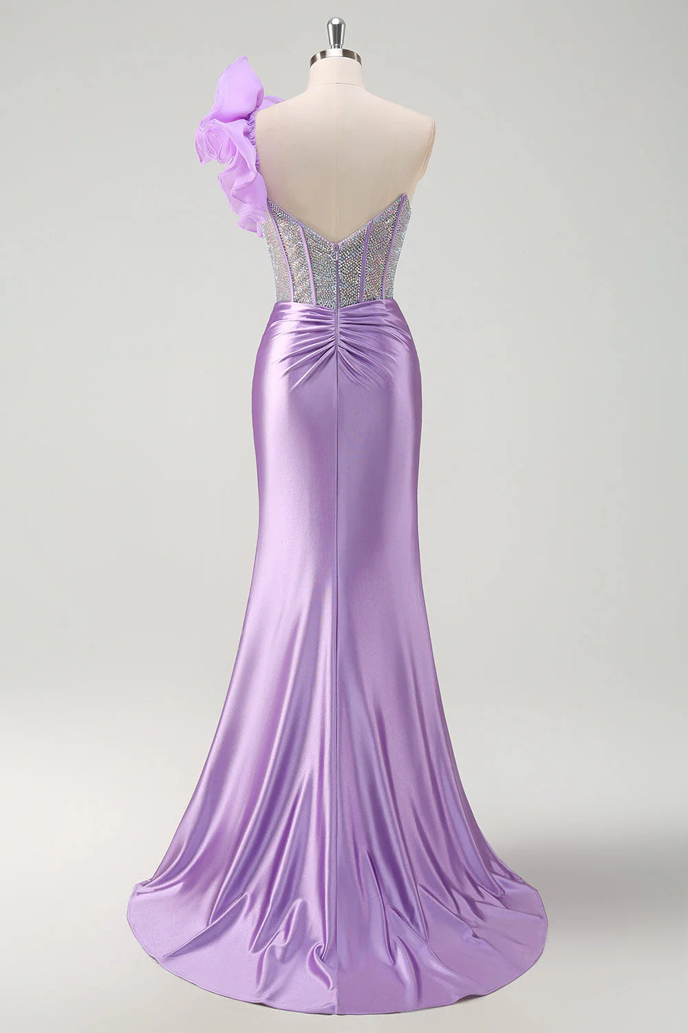 Lavender Satin Mermaid Prom Dress with Beaded Corset Bodice Ruffle One ...