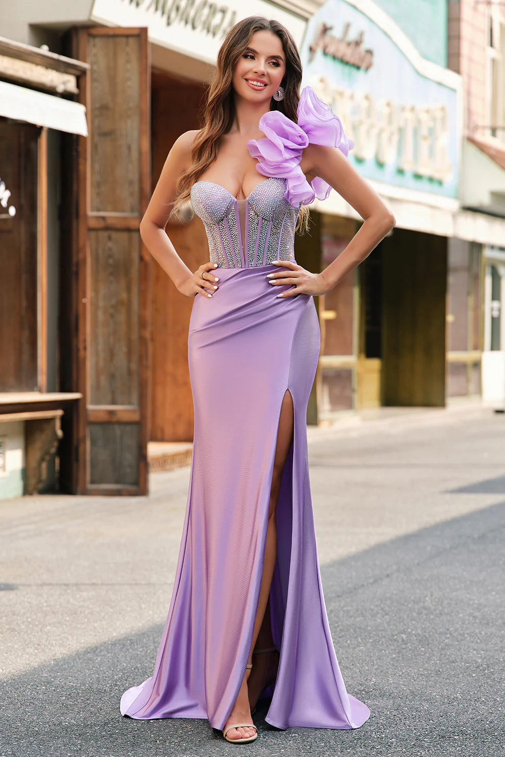 Lavender Satin Mermaid Prom Dress with Beaded Corset Bodice Ruffle One ...