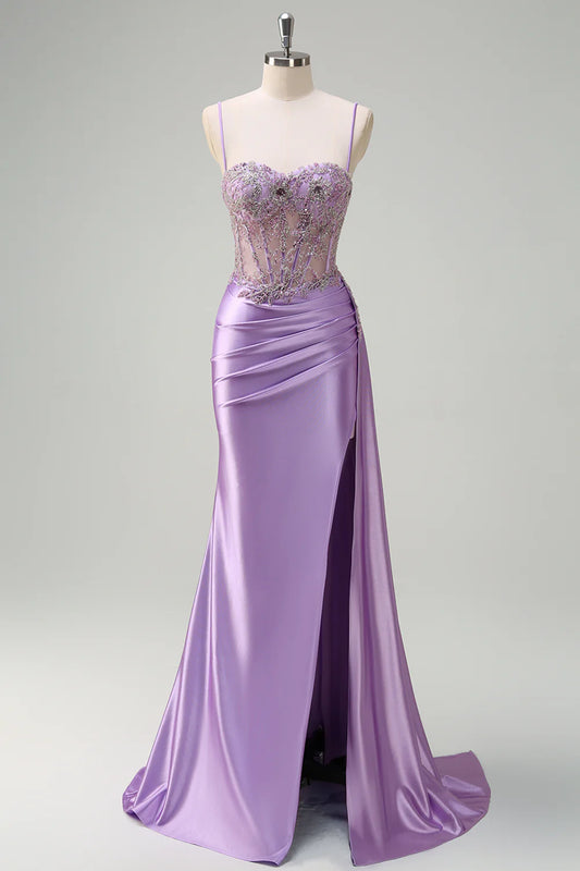 Lavender Satin Spaghetti Strap Beaded Lace Corset Mermaid Prom Dress with Slit and Train