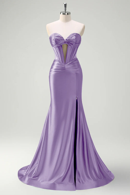 Lavender Satin Strapless Beaded Bust Lace-Up Back Mermaid Prom Dress with Slit