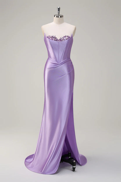 Lavender Satin Strapless Beaded Corset Mermaid Prom Dress with Slit and Train