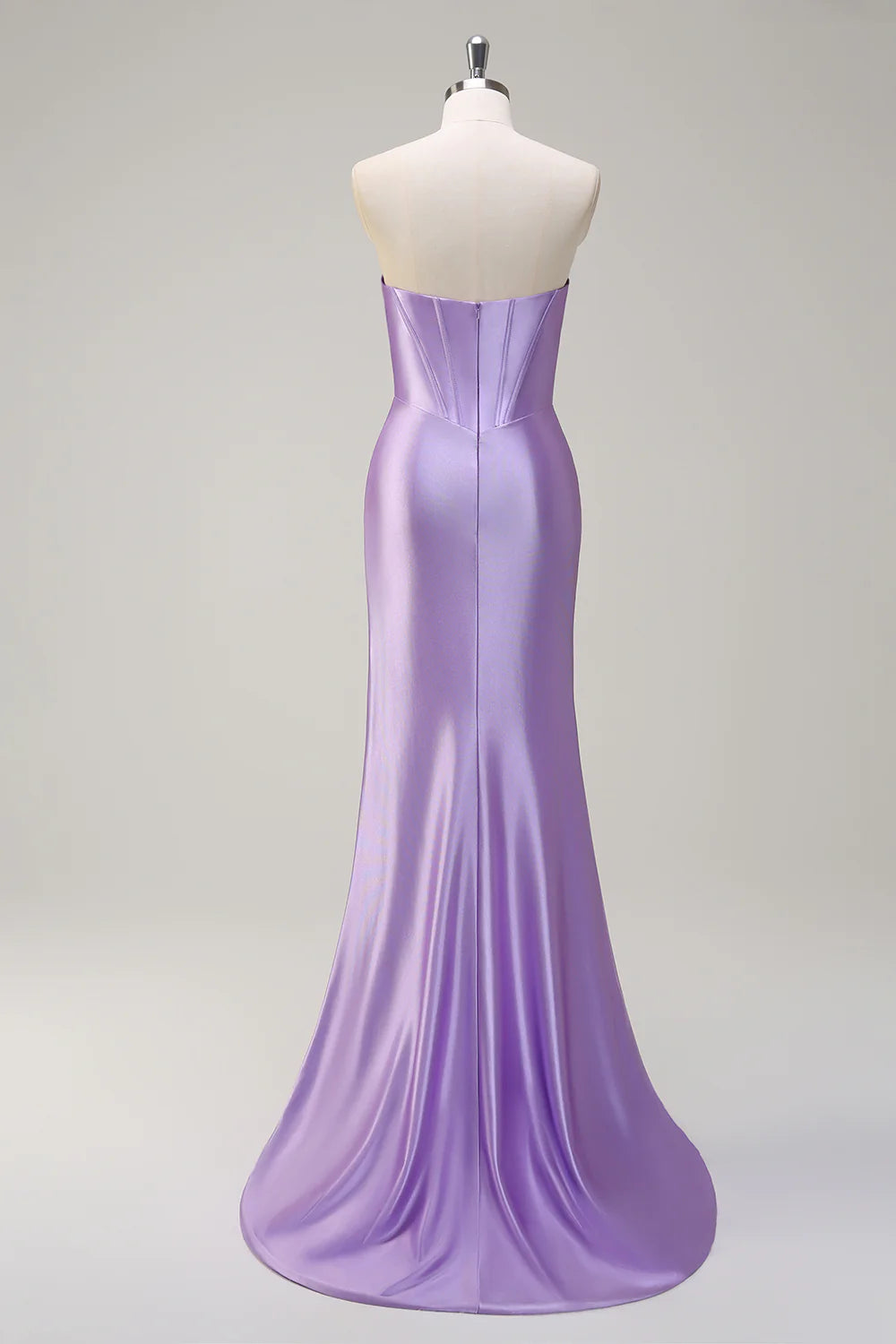 Lavender Satin Strapless Beaded Corset Mermaid Prom Dress with Slit and Train