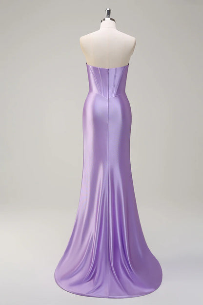 Lavender Satin Strapless Beaded Corset Mermaid Prom Dress with Slit and Train