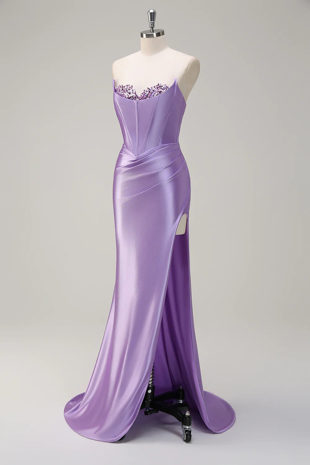 Lavender Satin Strapless Beaded Corset Mermaid Prom Dress with Slit and Train