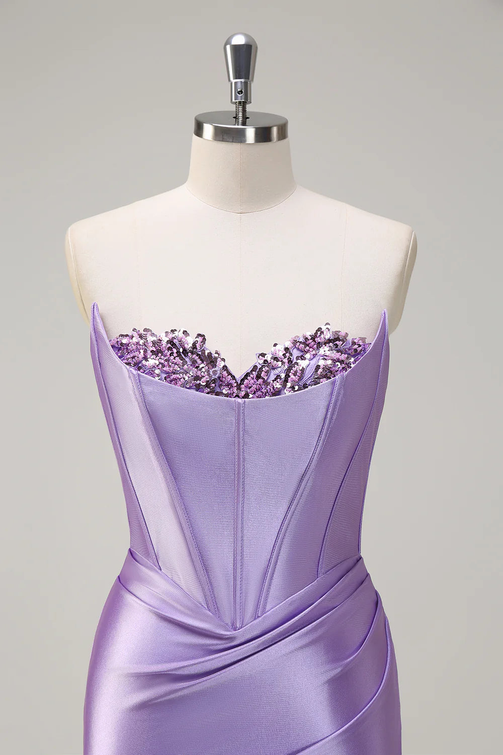 Lavender Satin Strapless Beaded Corset Mermaid Prom Dress with Slit and Train
