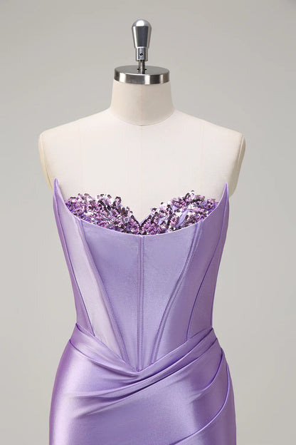 Lavender Satin Strapless Beaded Corset Mermaid Prom Dress with Slit and Train