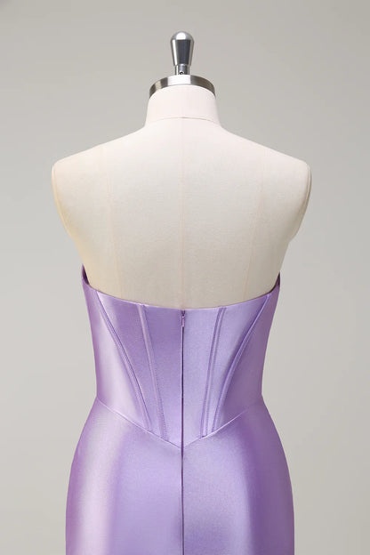 Lavender Satin Strapless Beaded Corset Mermaid Prom Dress with Slit and Train