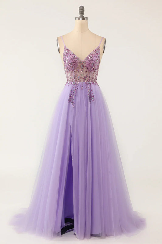 Lavender Spaghetti Strap Beaded Lace A-Line Prom Dress with Slit