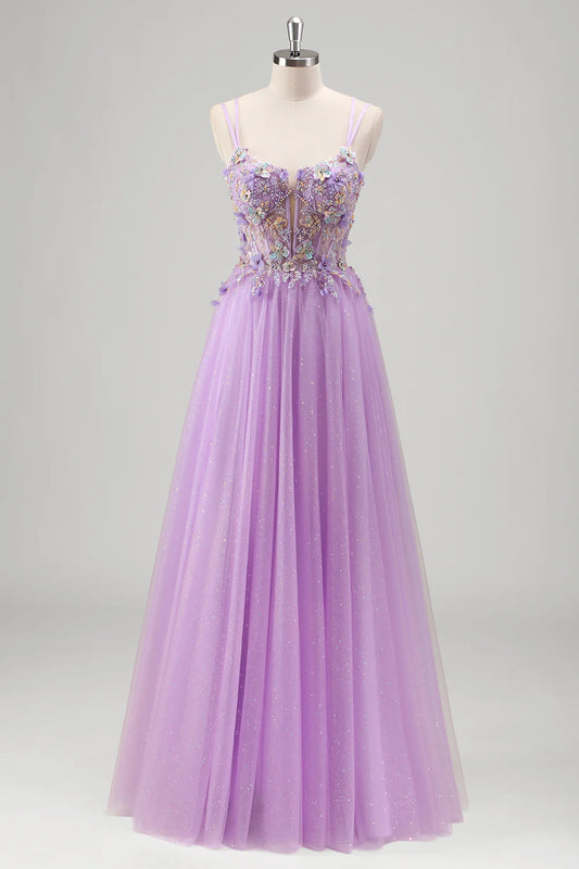 Lavender Spaghetti Strap Glitter Tulle Prom Dress with 3D Floral Corset Bodice